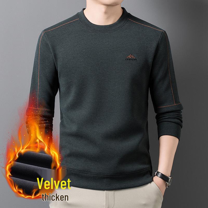 Men's Plus Velvet Thickened Versatile Winter Hoodie - Mid-Aged & Young, Warm Round Neck Long Sleeve Base Layer