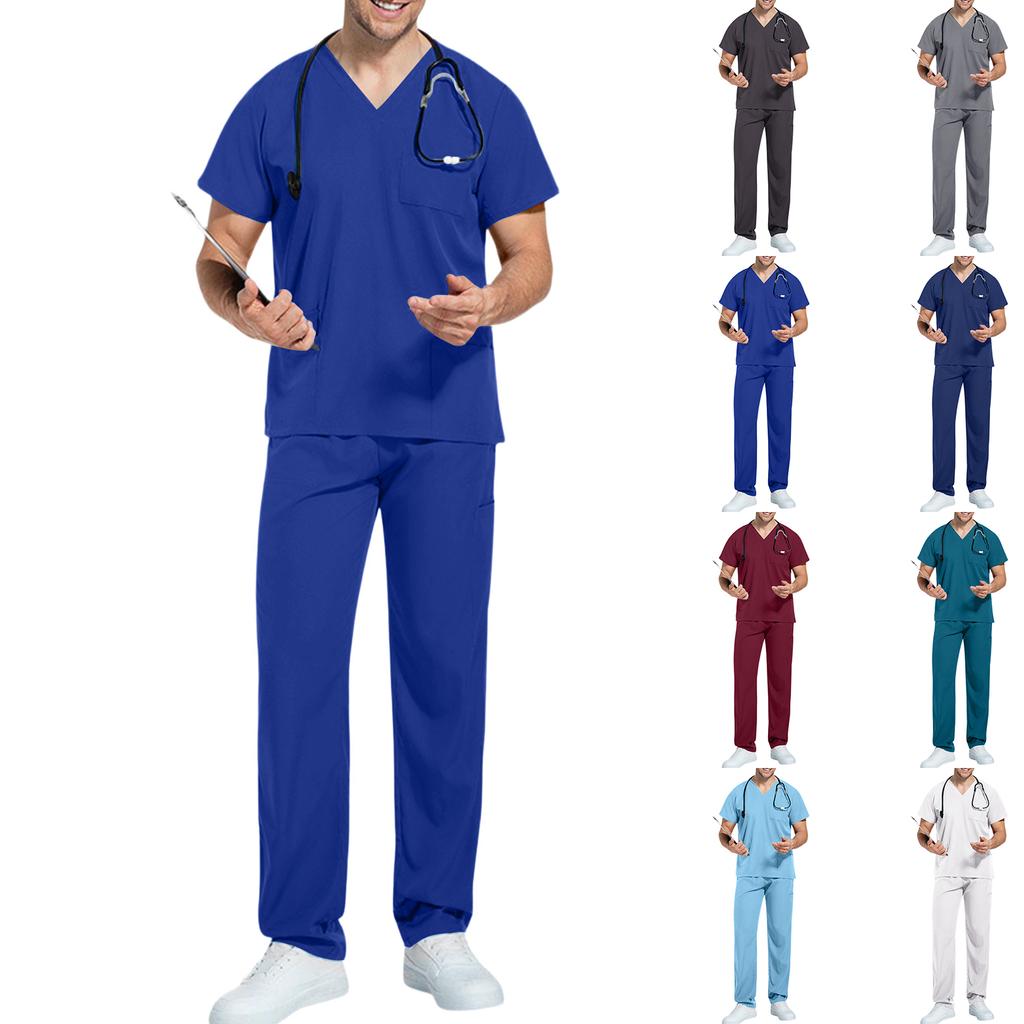 Unisex V Neck Scrub Set Short Sleeve Top and Elastic Waist Pants Two Piece Uniform for Medical Professionals