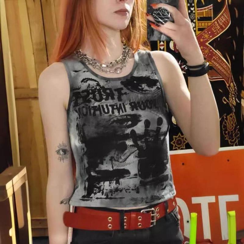 

2KWEIRD Гранж Панк Тай-Дай Графическая Майка Женская Летняя Одежда Y2K Повседневная Майка Кроп-Топ Без Рукавов с Круглым Вырезом Уличная Одежда M темно серый