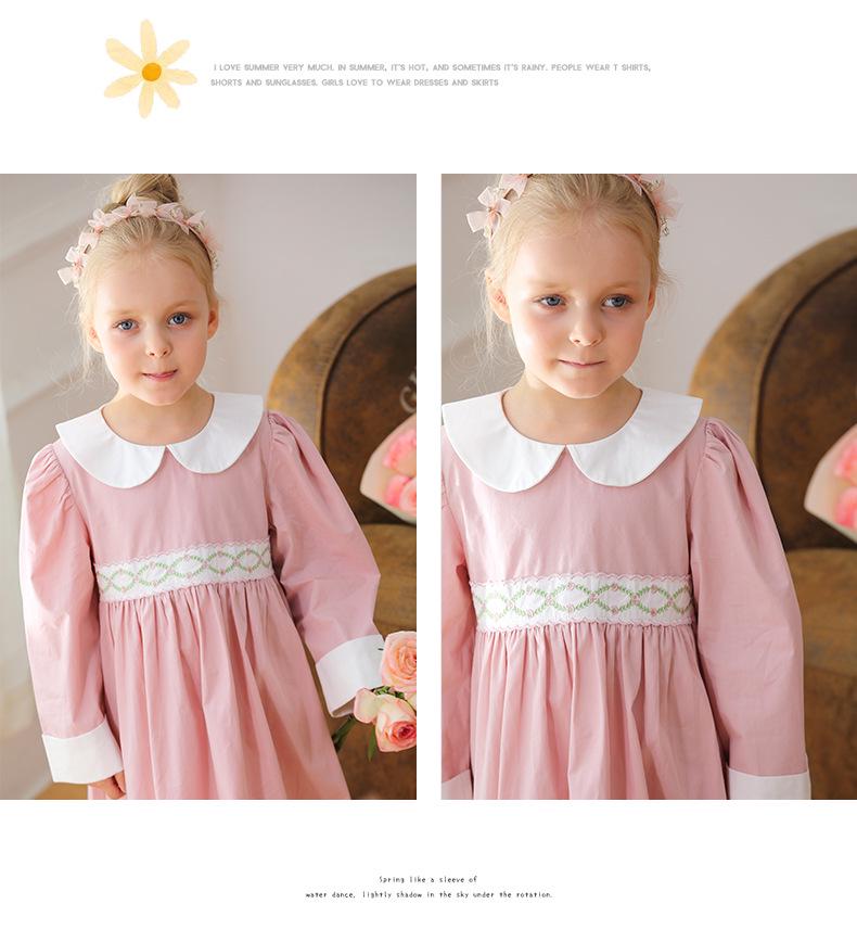 Frühling 2026 Mädchen Langarm Kleid mit Puppenkragen: Französisches Rattan, Florale Stickerei, Colorblocking, Reine Baumwolle, Süßer Prinzessinnen-Stil