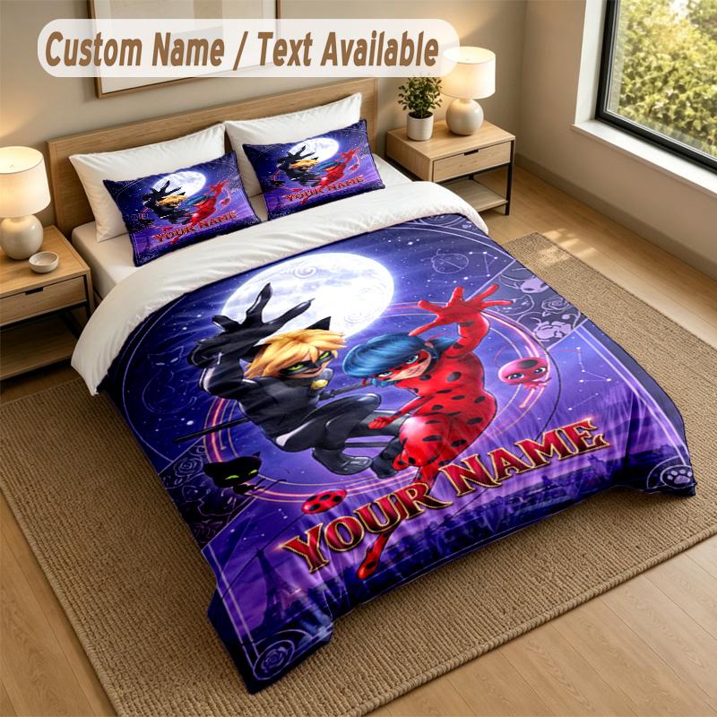 Custom Name Text Bedding 3Pcs Set,Miraculous Ladybug 1 Duvet Cover 2 Pillowcases Soft Bed Linen For Gift