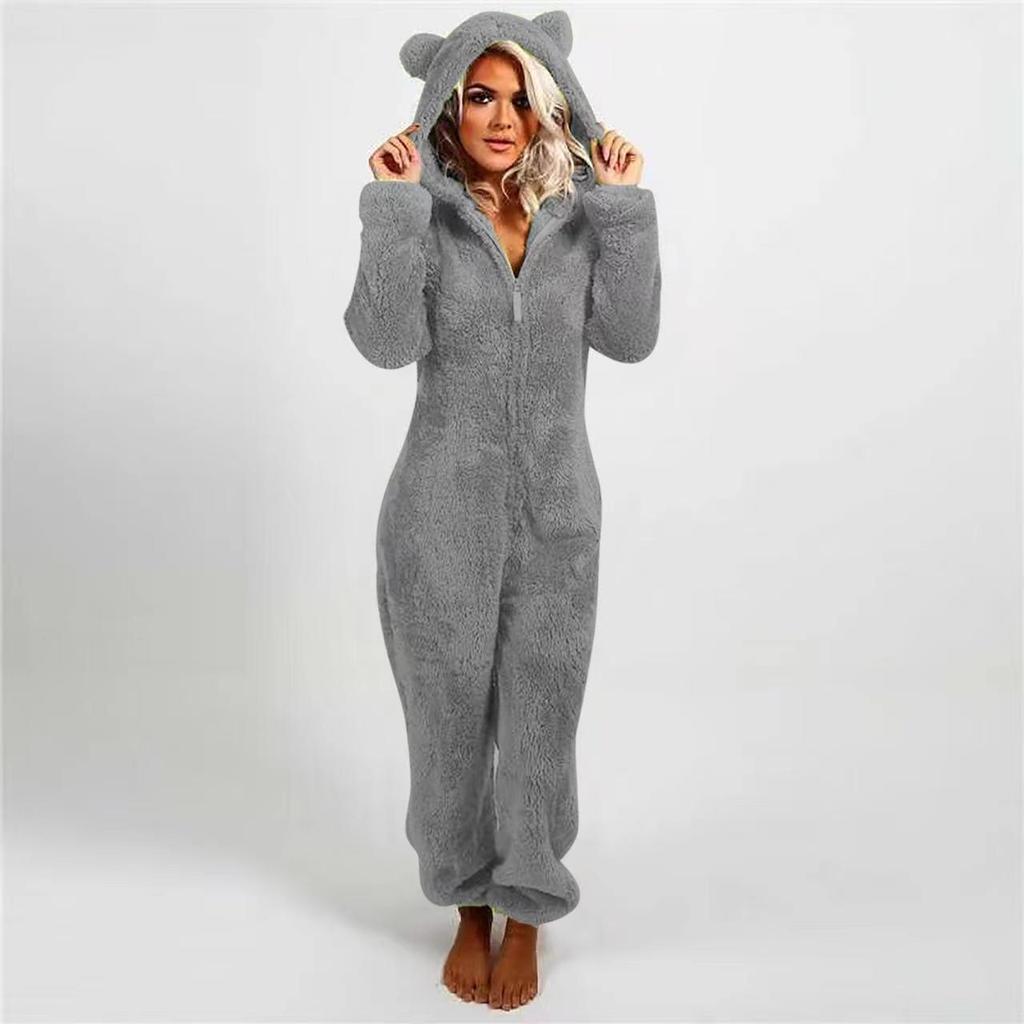 2025 European & American Autumn/Winter Women's Fleece-Lined Fur Jumpsuit Pajamas, Hooded, Available in 17 Colors