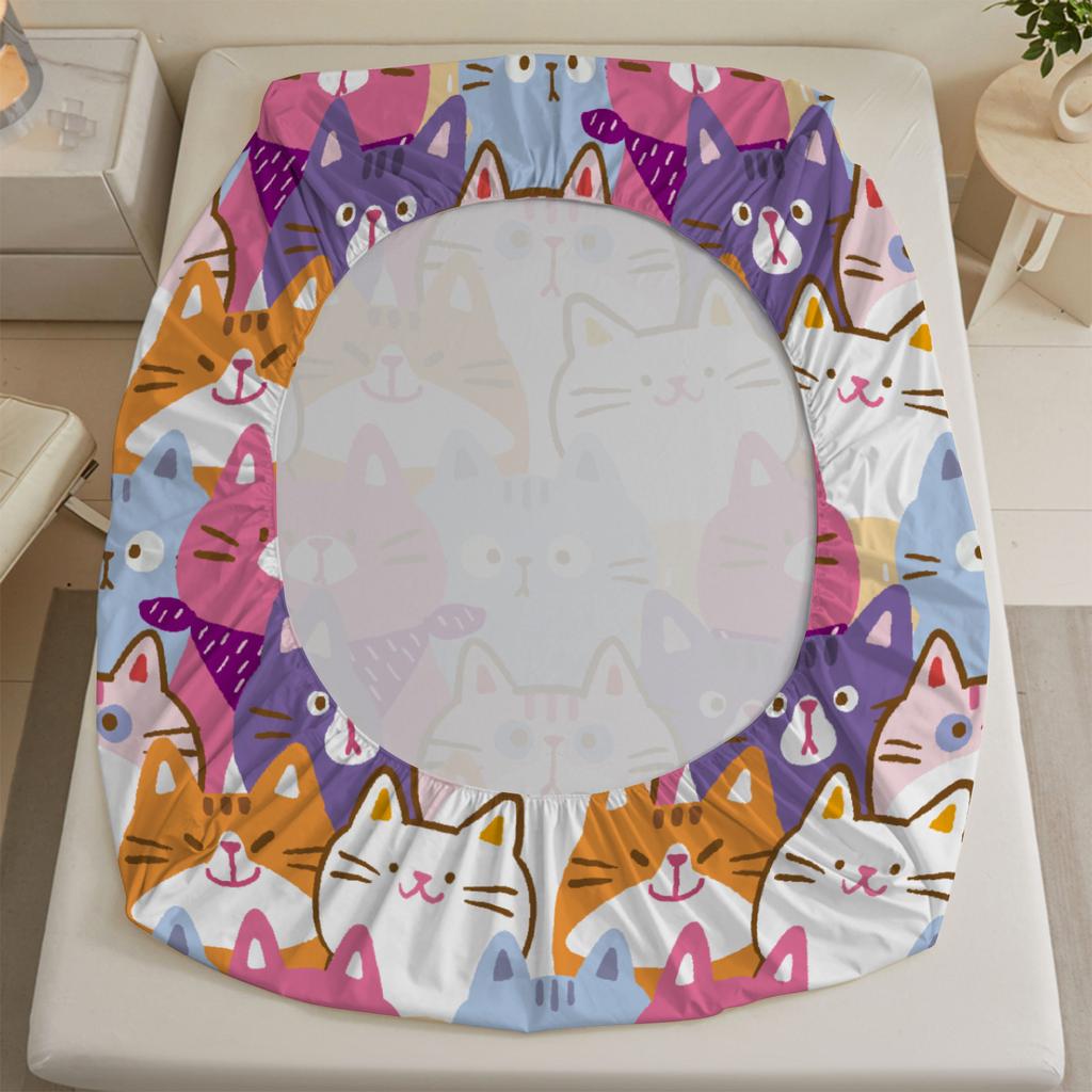 3 stuks Kleurrijke Katten Hoeslaken Cartoon Kattenpatroon 3D Print Cadeaus Voor Studenten Meisjes 100% Polyester Plat Laken Met Kussenslopen