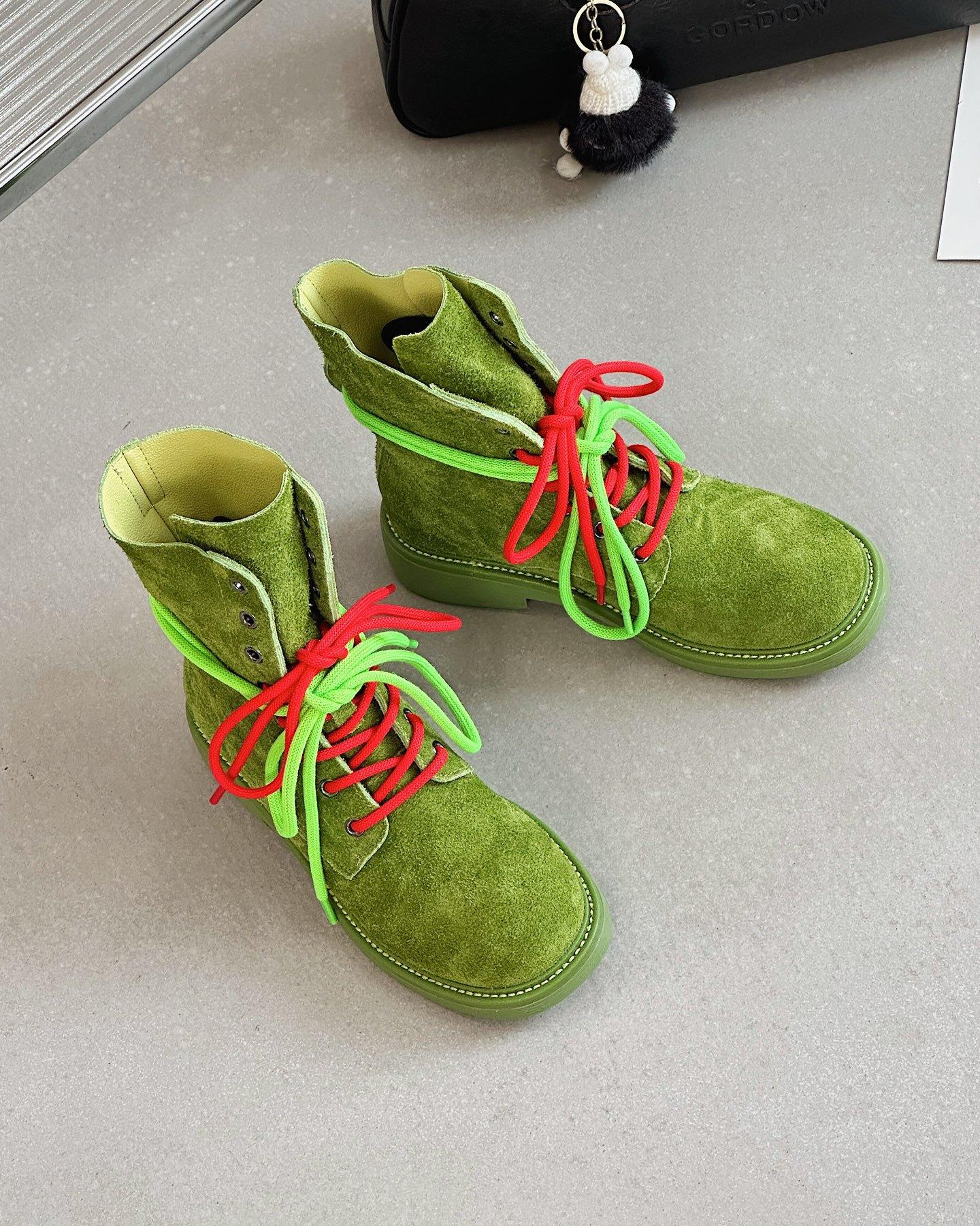 

Ретро матовая кожа толстая подошва ботинки Мартин женские 2025 весна и лето новые двойные шнурки универсальные короткие ботинки-локомотивы тонкие ботинки 40 зелёный
