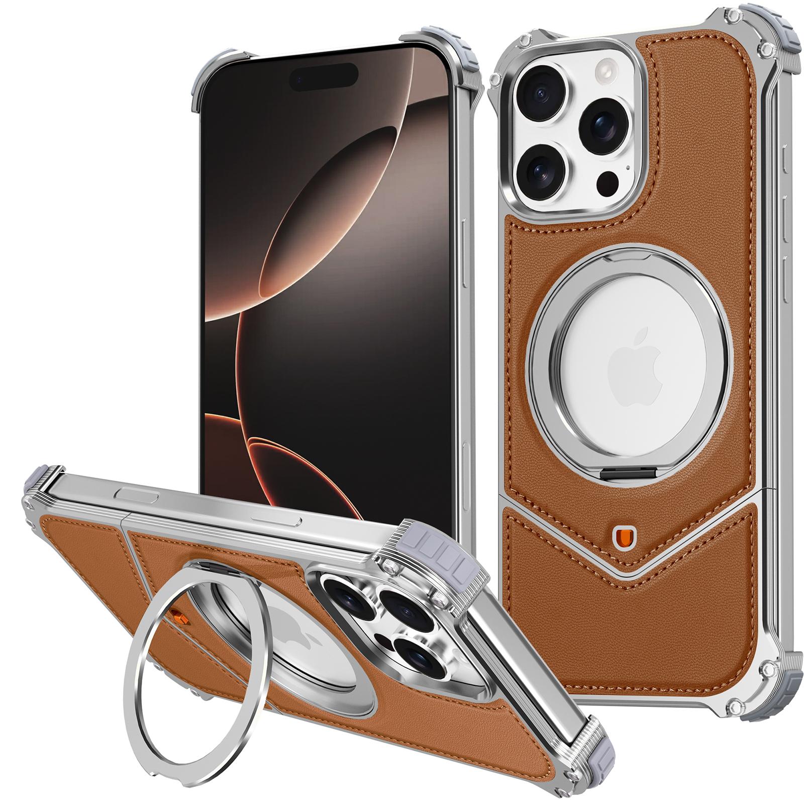 

For iPhone 16 Pro Max Case PU Covered Metal Boardless Phone Back Cover with Kickstand F