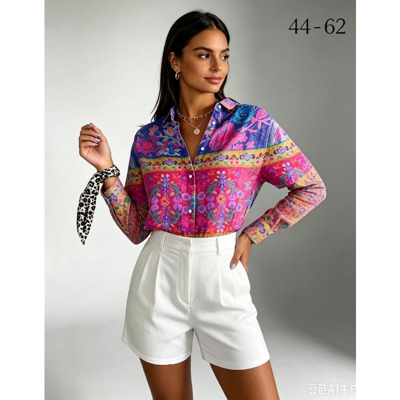 Spring and autumn elegant long-sleeve shirt, printed lapel button-up cardigan women's top