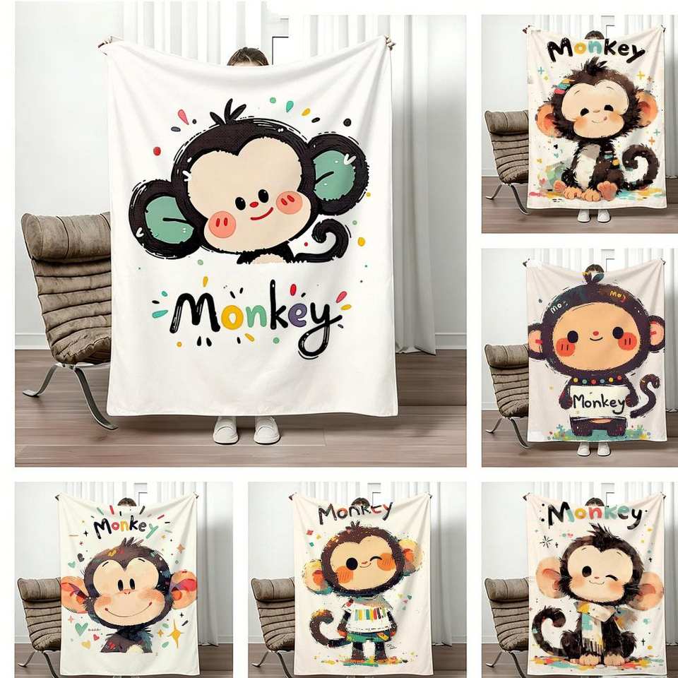 illustration Cartoon monkey Throw Lightweight 240g Flannel Blanket Soft Skin-friendly for Summer Cooling