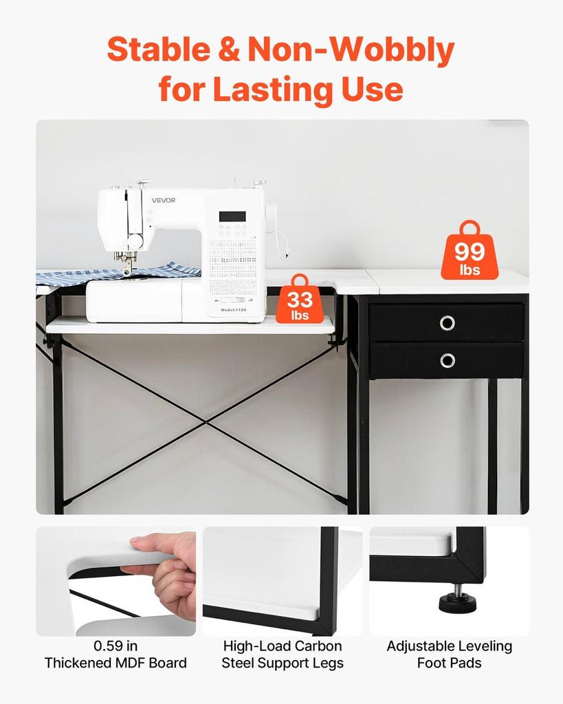 Sewing Table, Multipurpose Sewing Machine Table with Drawers, Foldable Side Shelf, Adjustable Shelf, Steel Legs, Computer Desk for Home, Fashion