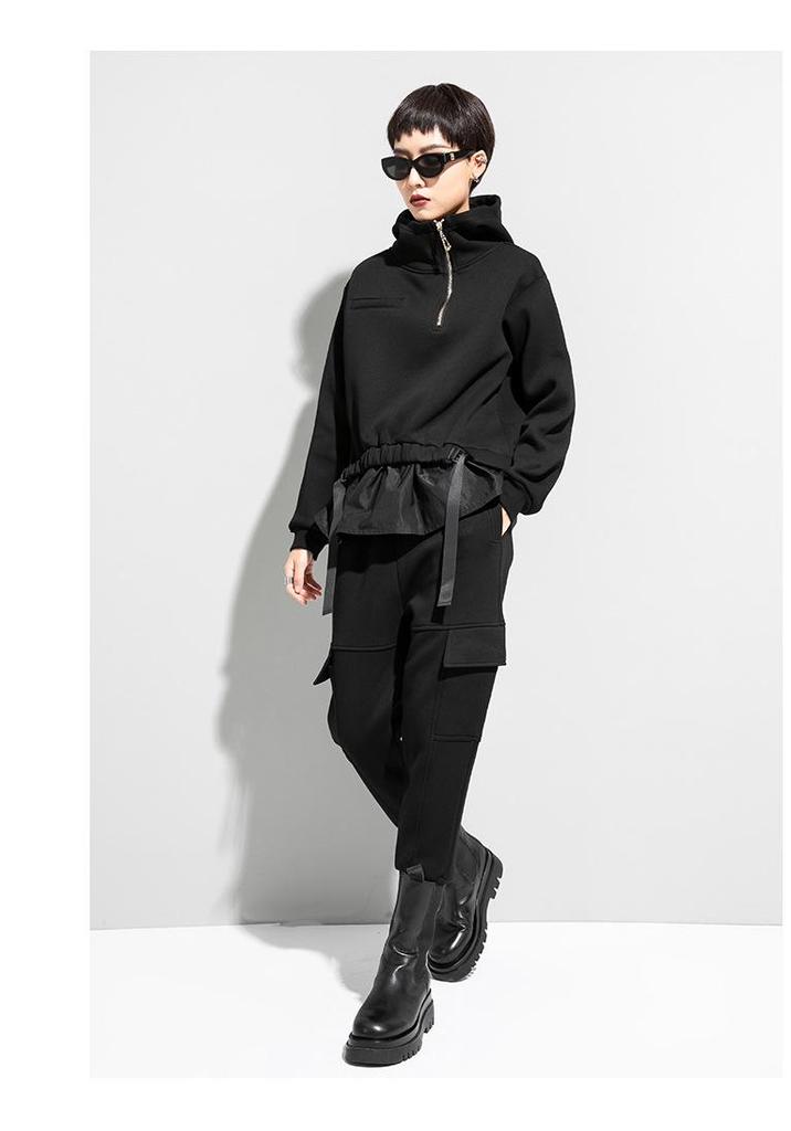 Custom Dark Style Women's Two-Piece Look Hooded Sweatshirt with Waist-Cinched Patchwork - Trendy European & American Design