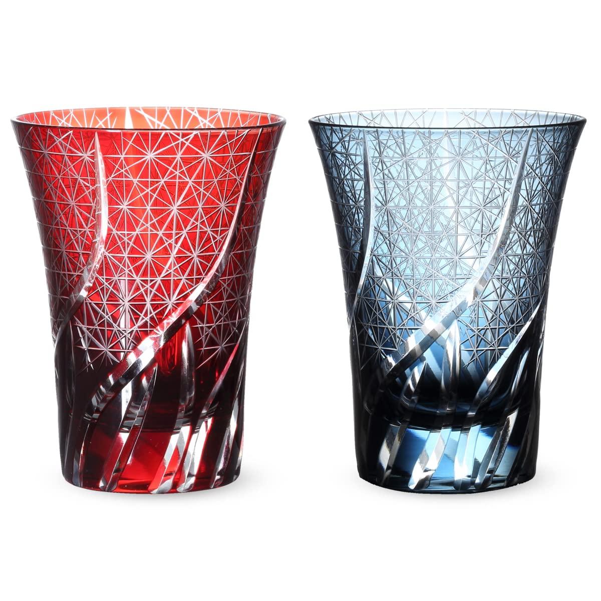 

Nostalgia Kiriko Pair of Glass Ranbori Komon Red Ink Current Model J-kitchens Cups, 8.4×11cm, 230cc, Pattern, & Blue,