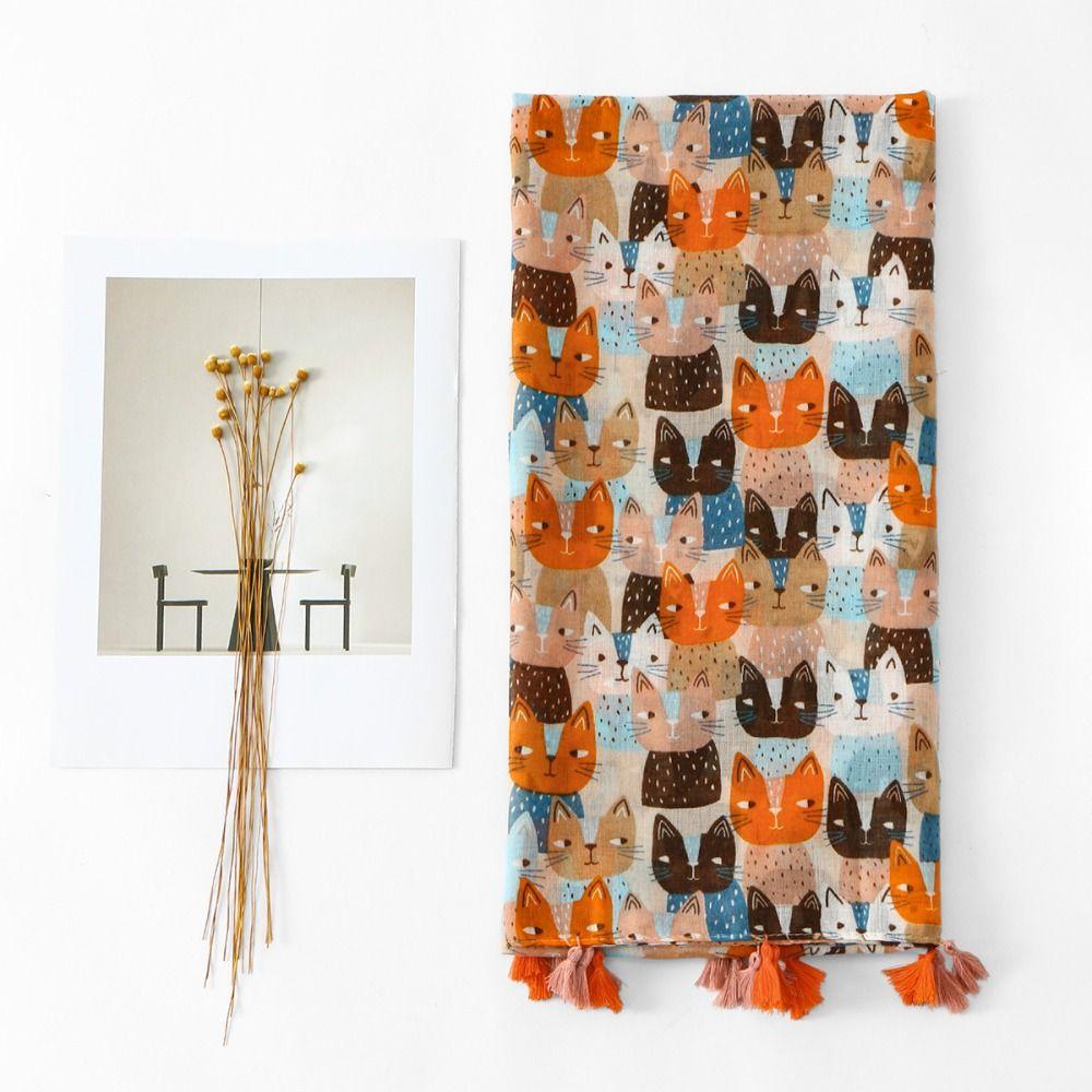 Bohemian Cat Pattern Tassel Scarf Large Animal Print Scarves Elegant Printed Silk Scarf  Outdoor