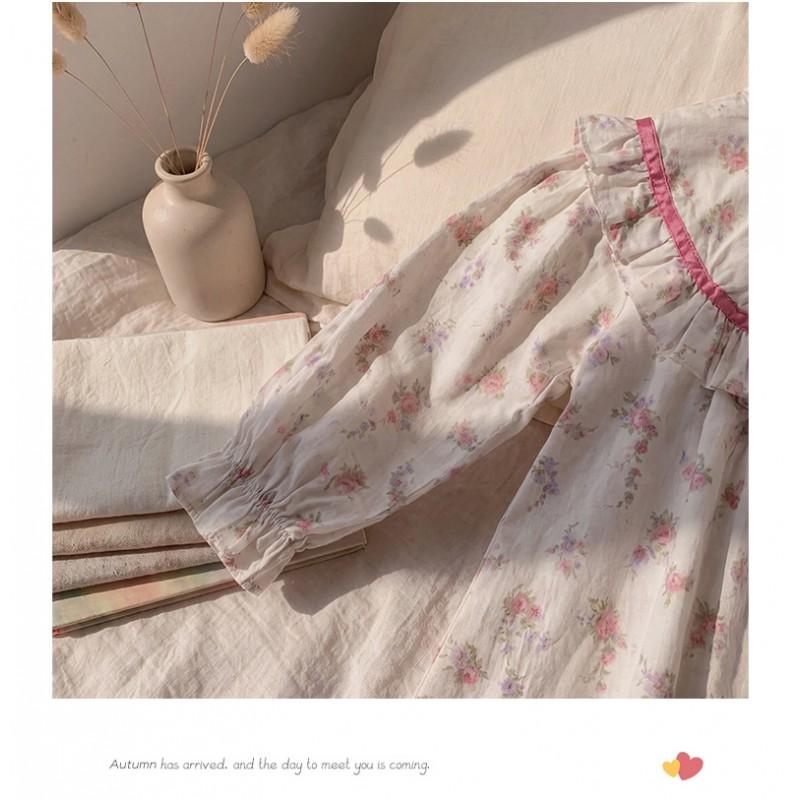 Girls Floral Print Ruffle Dress French Style Long Sleeve Cotton Princess 3-8 Years Old Kids