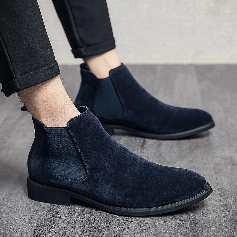Men's Plus Size High-Top Suede Chelsea Boots, Pointed Toe, Short, for Autumn/Winter.