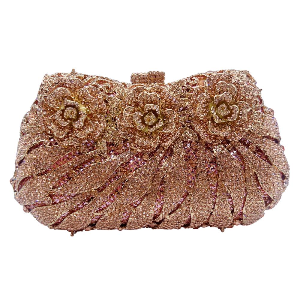 Rose Flower Diamond-Inlaid Stone Clutch: Elegant Metal Evening Bag for Women