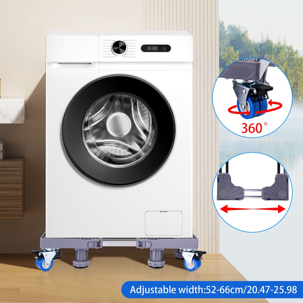 Gray reinforced double tube 8-leg 4-wheel mobile model with adjustable width 52-66cm washing machine base bracket storage rack