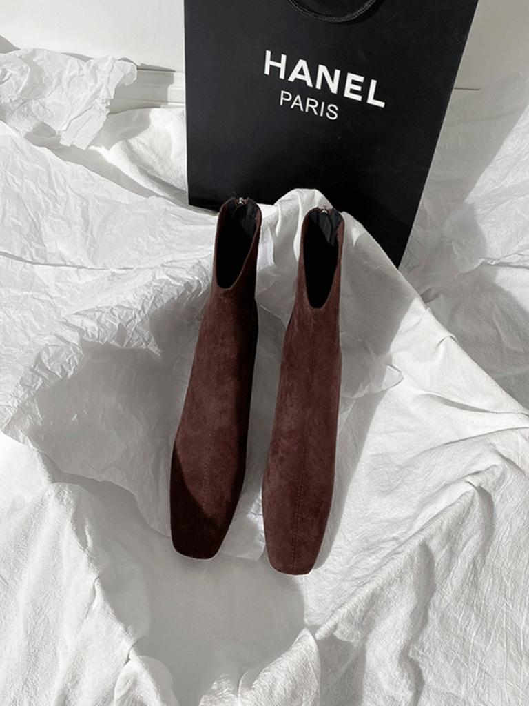 Hnědé krátké boty dámské vysoké podpatky podzim a zima nové semišové zadní zip francouzské malé kotníkové boty silný podpatek elastické čtvercová špička tenké boty