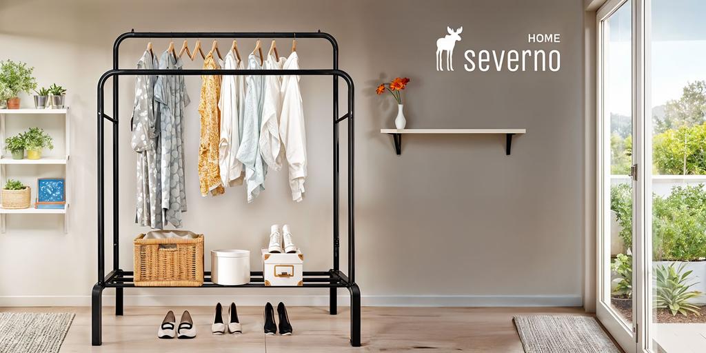 SEVERNO ROCKY II Freestanding Double-Rail Metal Clothes Rack with Shelf (110x55x147 cm)