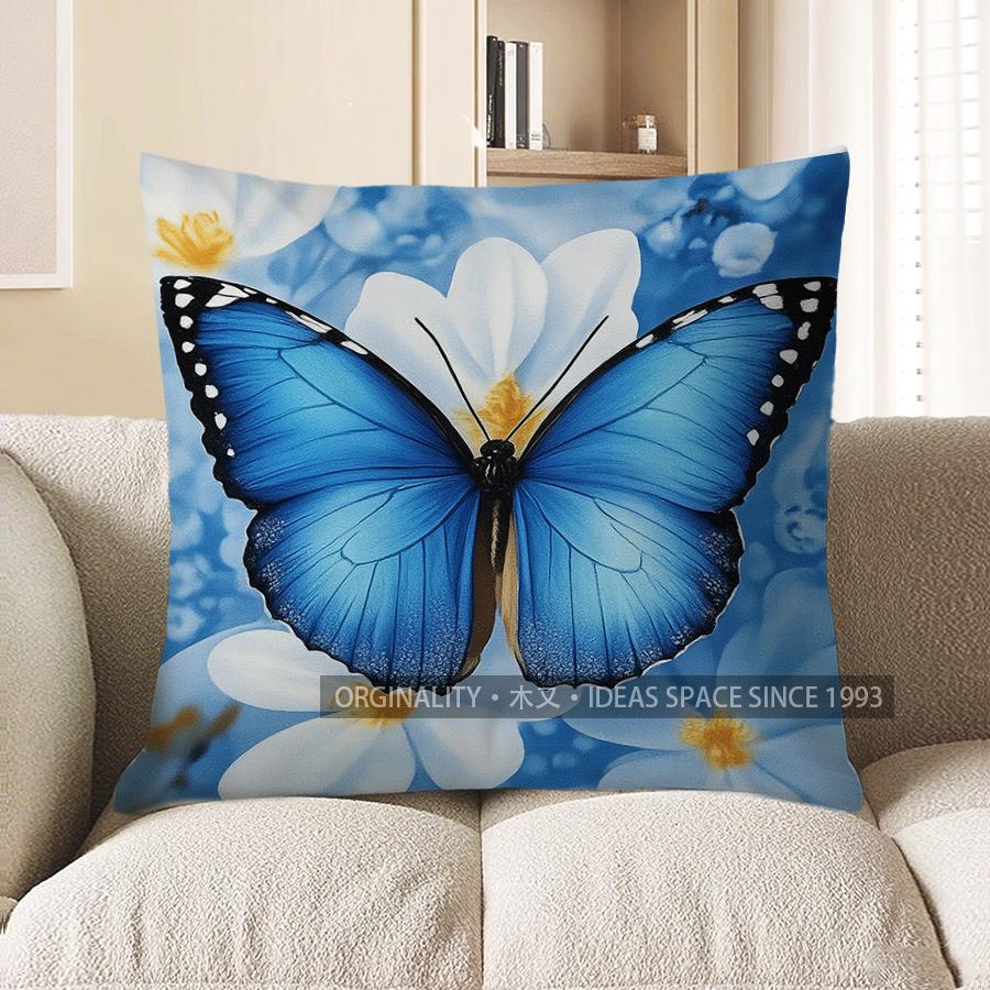 

Home Decor Blue Butterfly & Flowers Decorative Pillow Cover Pattern Cushion Cover Suitable For Sofa Bedroom Car Pillow Cover 40x40cm