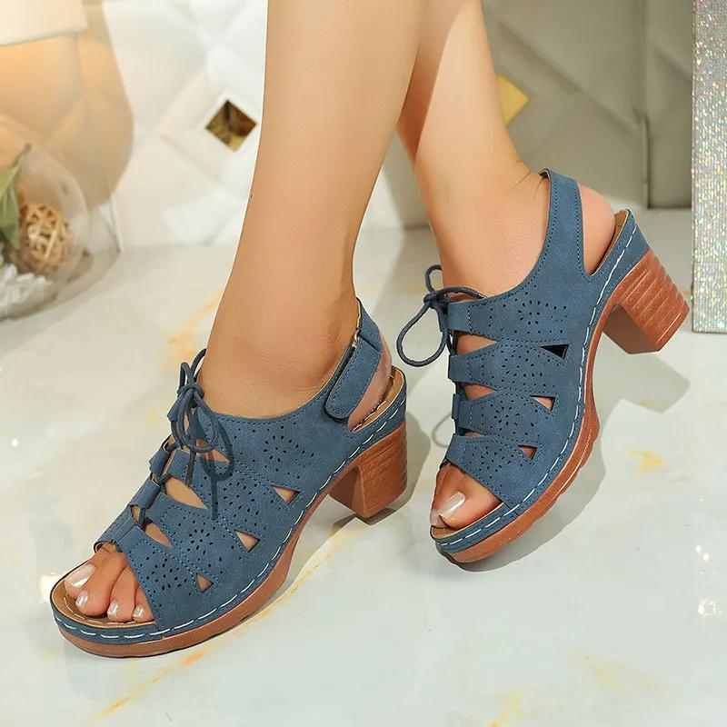 Retro Cross Tied High Heel Sandals Women Plus Size Thick Sole Non Slip Slippers Summer Hollow Comfort Chunky Platform Beach Shoe