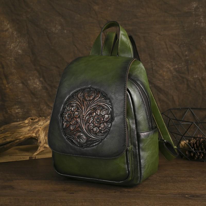 

Винтажный рюкзак Johnature с тиснением Тотема, универсальная женская кожаная сумка, дорожные рюкзаки большой вместимости зелёный