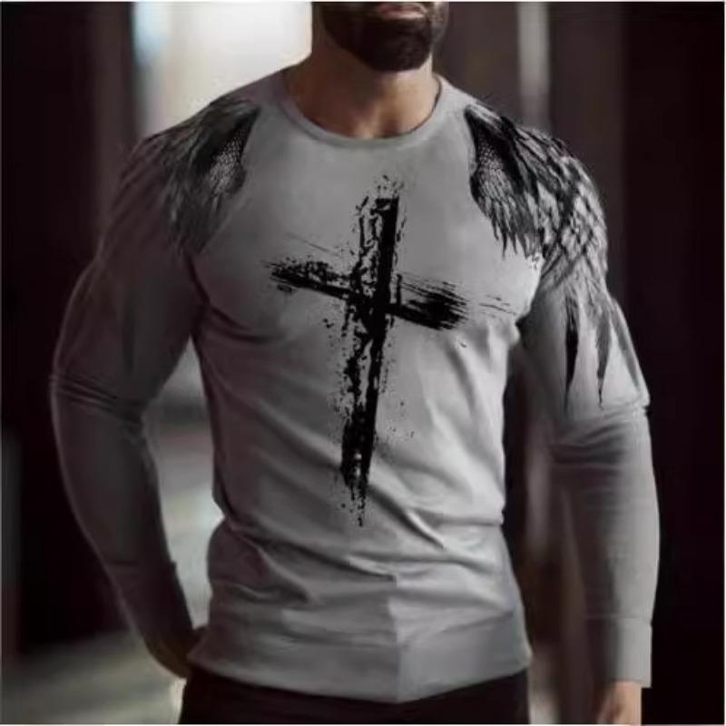 European and American 2024 Spring and Autumn New Men's Large T-shirt 3D Digital Printing Fashion Round Neck Top Long Sleeve T-shirt