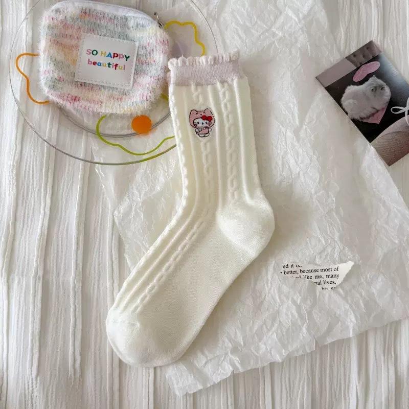 Cartoon Embroidery Cat Twist Rolled Hem Socks Leopard Print Cuffed Mid-Leg Socks Fashionable Wear Piles Of Socks Outside