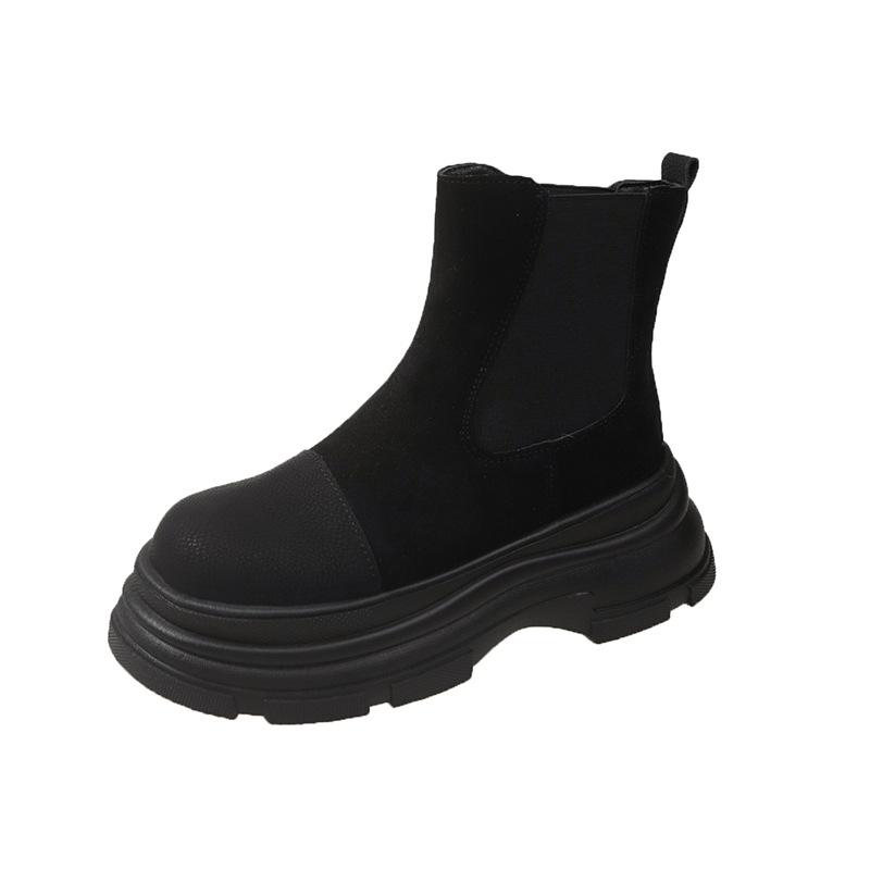 

Осенние новые замшевые ботильоны для женщин с толстой подошвой и круглым носком, универсальные, увеличивающие рост, короткие ботинки «Челси», модная женская обувь 35 чёрный