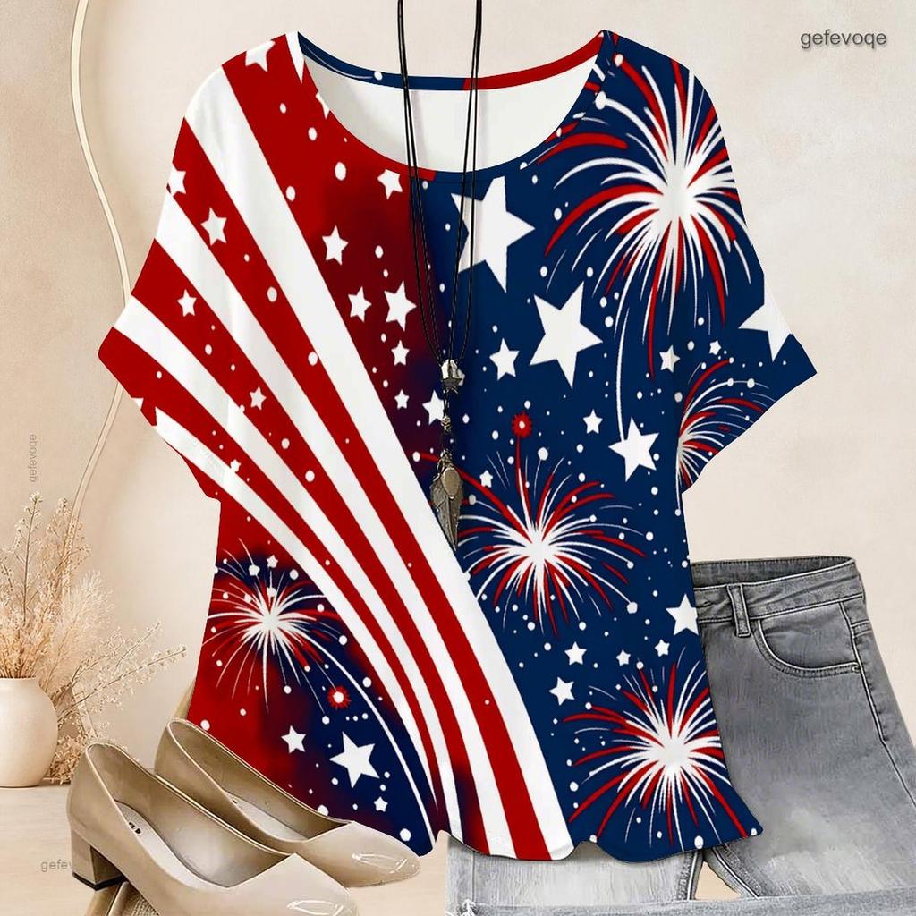 Women Plus Size Round Neck Batwing Short Sleeve Loose Gradient Printed Top