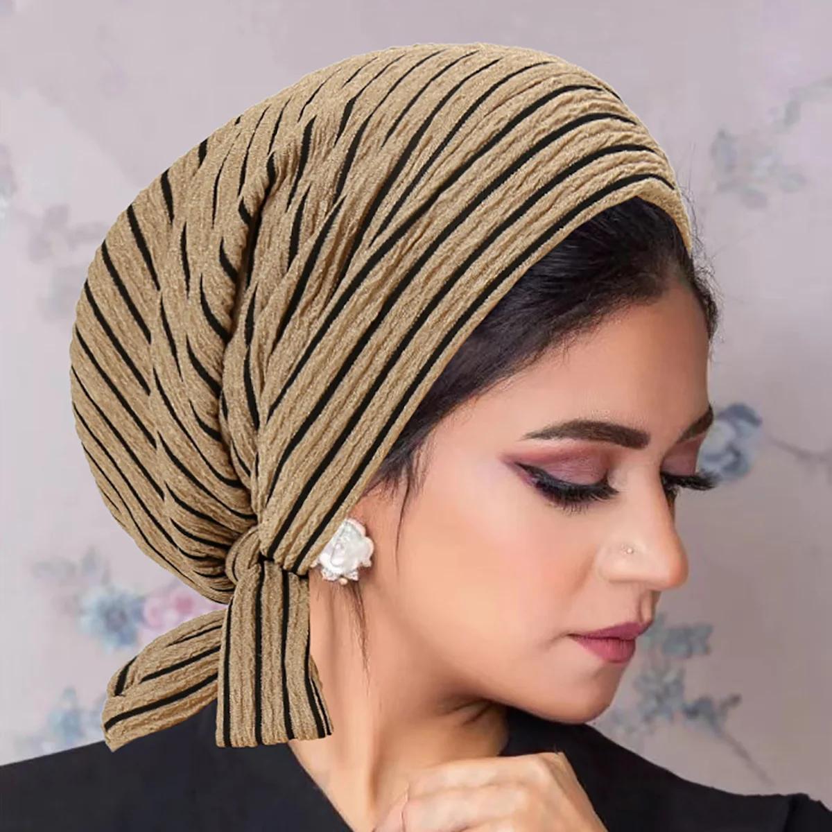 

Trendy Long Tail Strap Hijab Turban Hats Muslim Solid Color Head Wraps Elastic Breathable Chemo Cap For Women Girls One Size