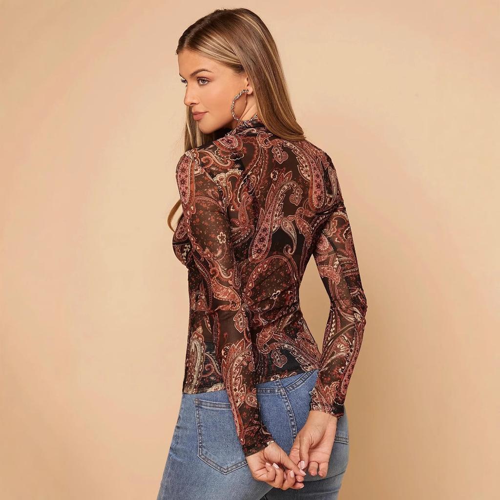 Frühlings- und Sommer Damen Paisley-Print Stehkragen Mesh Langarm T-Shirt Tops Vielseitige Schrank-Essentials Modeartikel Shirt