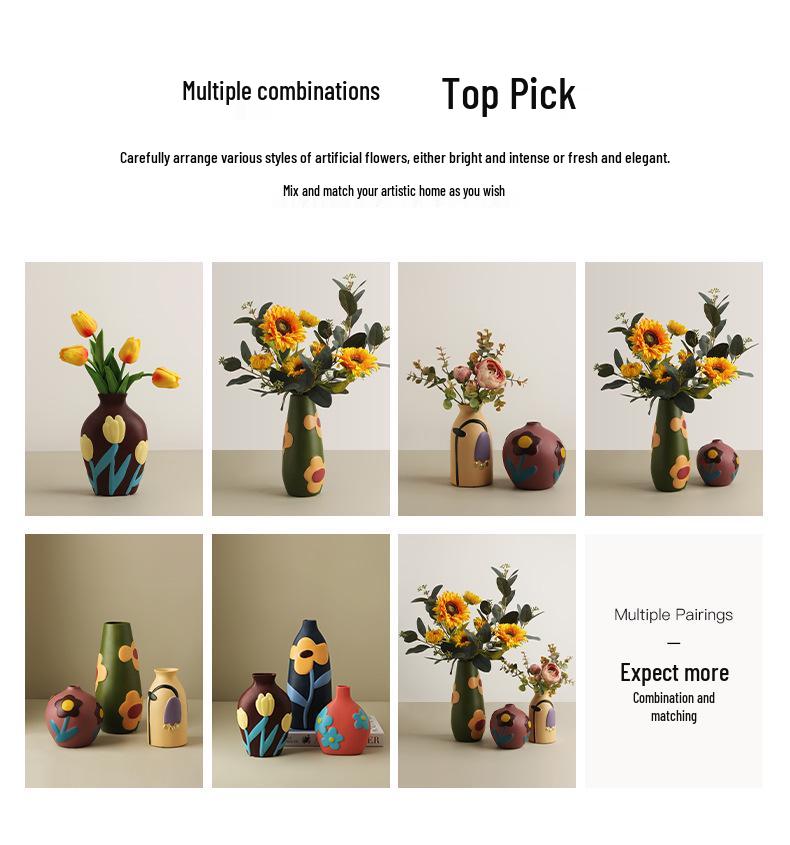 Retro Painted Ceramic Flower Vase Ornament for Living Room or Entryway Decor