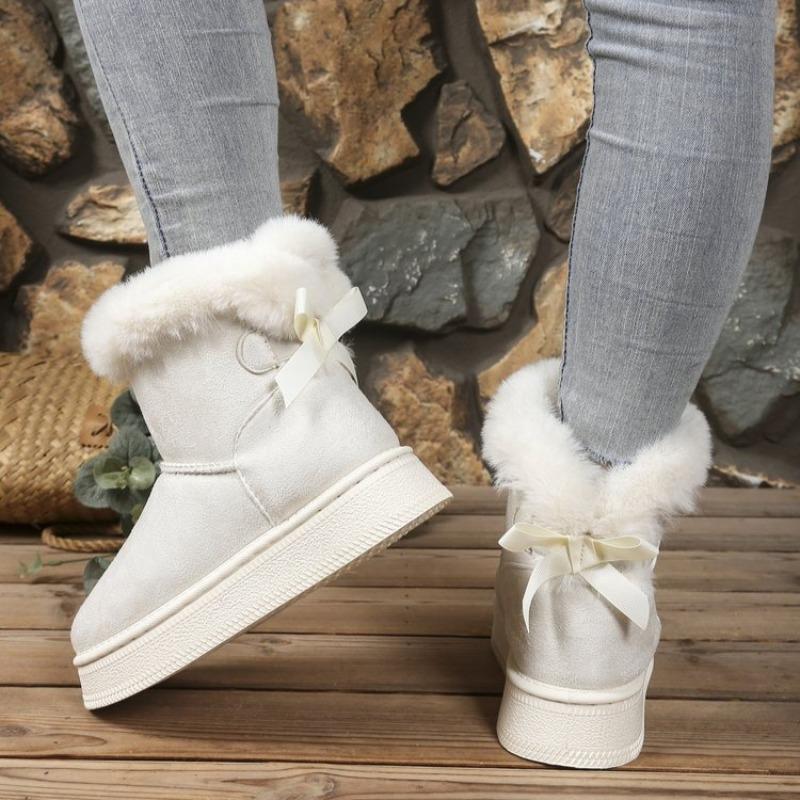 Śniegowce Zimowe Nowe Okrągły Nosek Zamszowy Rękaw Kokarda z Tyłu Platforma Antypoślizgowe Odporne na Ścieranie Pluszowe Kozaki z Krótką Cholewką