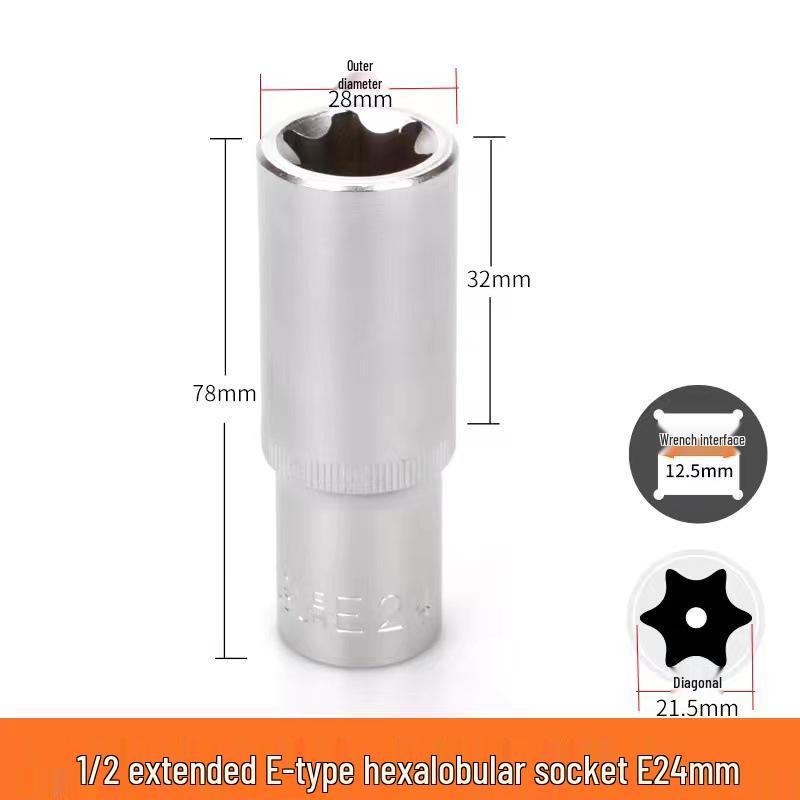 Metric 6-Point Flower-Shaped E-Type Socket Set: 1/2 Large, 3/8 Medium, 1/4 Small, Star Type.