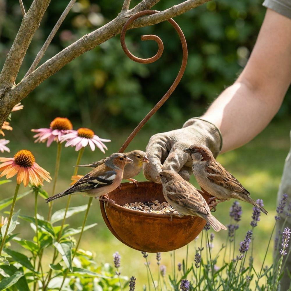 Rostige Metall-Hänge-Vogelschale Futterspender Große Kapazität Regenfest Vogel-Futterstation Rostfrei Offene Schalenform