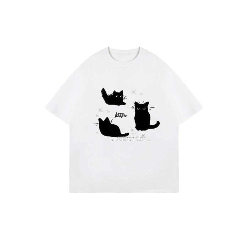 Oversized T Shirt Black Cat Print With Stars And Text For Casual Wear