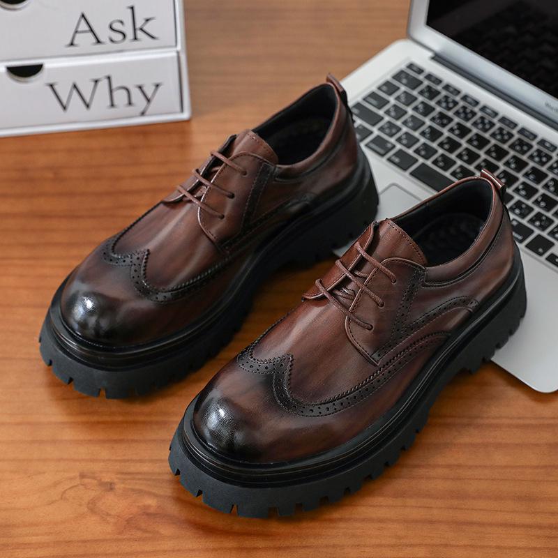 Men's Black Leather Derby Shoes with Thick Sole for Height Increase - British-Style Formal Brogue Round Toe for Weddings and Business.