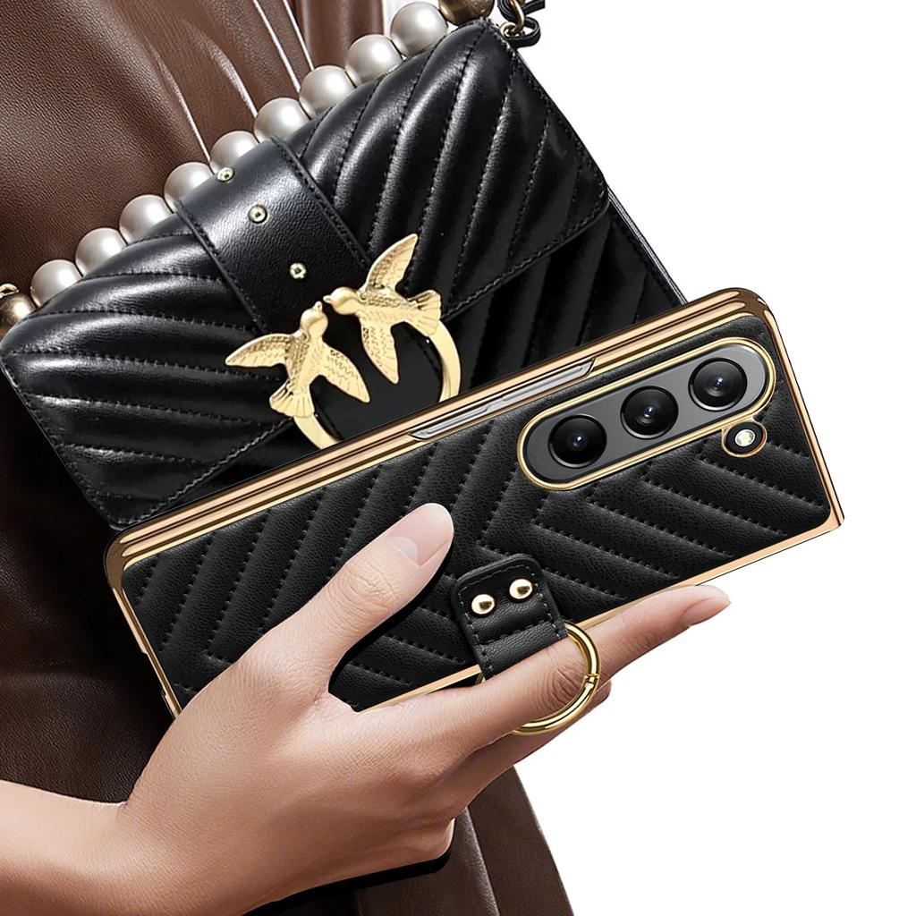 Elegant Plating Leather Ring Bracket for Samsung Galaxy Z Fold 6 5 4 3 Magnetic Case with Tempered Film Folding Shockproof Cover