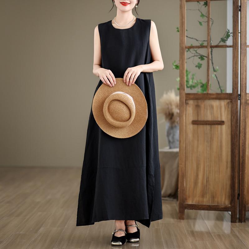 DIMANAF 2025 Women Summer Dress Solid Casual Ladies Basic Long Dress Linen