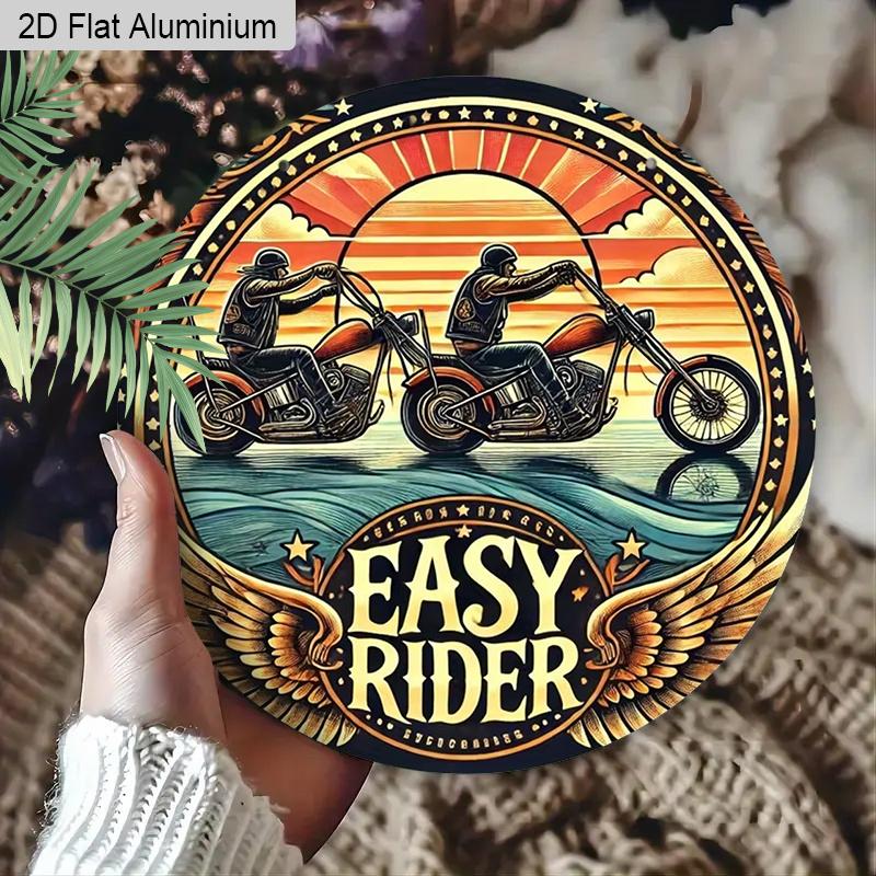 2D Flat Aluminum Retro Easy Rider Motorcycle Metal Sign - Vintage Biker Wall Decor for Man Cave Garage Bar, Round Hanging Ornament - Unique Motorbike