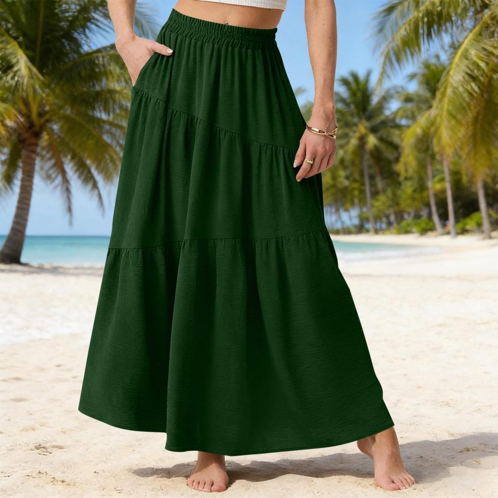 Women Casual Summer Loose Maxi Skirt Elastic Waist Lightweight Flowy Tiered Design Comfortable Daily Wear