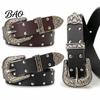 Durable Imitation Leather Belt 105cm Retro Rivet for Women, Adjustable Waist with Double Hot Girl Style Row Grommets & Carved Alloy Buckle, Edgy Jean