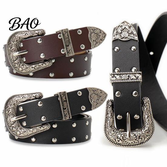 Durable Imitation Leather Belt 105cm Retro Rivet for Women, Adjustable Waist with Double Hot Girl Style Row Grommets & Carved Alloy Buckle, Edgy Jean