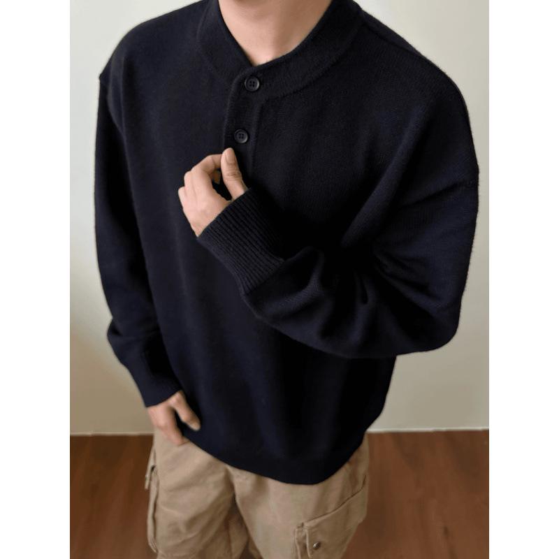 Grauer Henley-Kragen Pullover für Herren: Hochwertige Strickwaren für Frühling/Herbst, Lässiger Schnitt, Saubere Oberbekleidung.