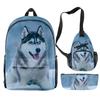 Klasický Nový Podivný Vtipný Cool Husky 3D Tisk 3ks/Sada žák Školní Tašky Cestovní Batoh na Notebook Hrudní Taška Pouzdro na Tužky
