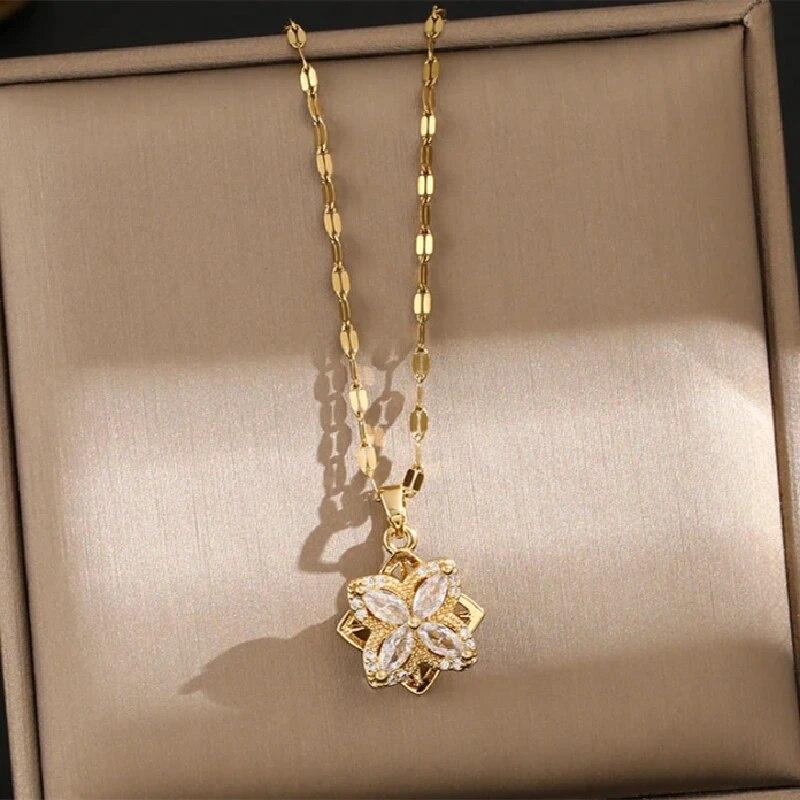 1 Pcs Luxury Cool Wind Flower Series Gold Plated Copper Pendant With Stainless Steel Chain Combination Of Collarbone Necklace