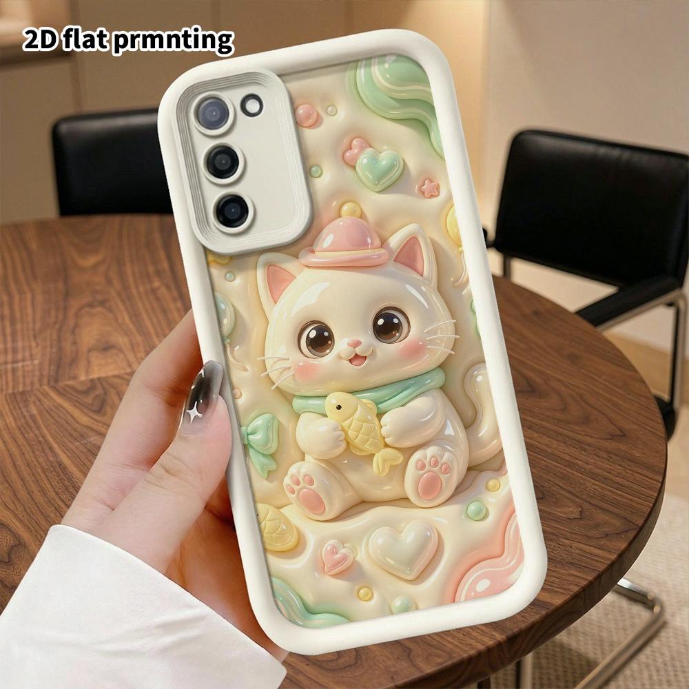 Phone Case: 2D flat design suitable for Samsung Galaxy A34 A35 M05 M06 S20 S22 S21 FE Plus 5G protective case, cute cream kitten holding a little fish