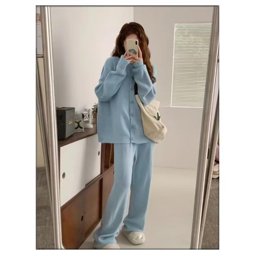 Fashionable Single-Breasted Collared Knitwear Set Women's Autumn/Winter New Arrival Cardigan Sweater Outerwear + Wide Leg Trousers Two-Piece Set