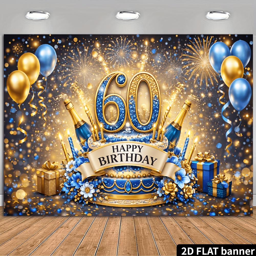 2D-Ebene 60. Geburtstag Party Banner Hintergrund - blau und gold Sektkuchen Thema mit Ballons