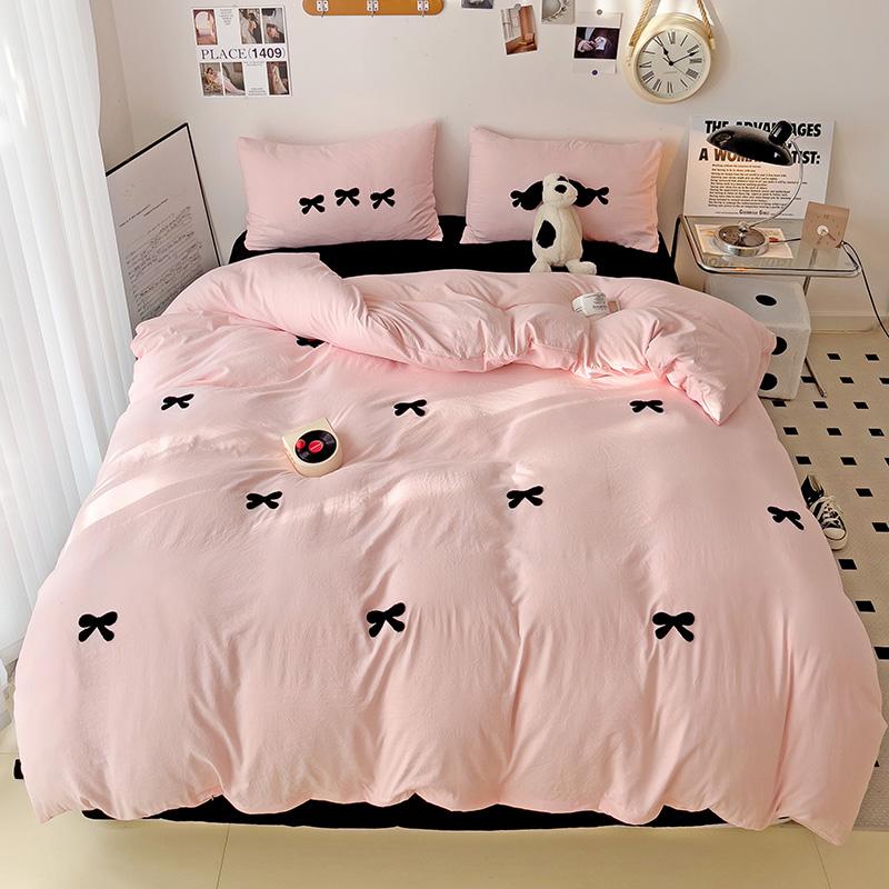 Black Bow Embroidery Duvet Cover 3 Pieces Set Girl Adult Bedroom Pink Decor Quilt Cover Solid Color Bedding with 2 Pillowcases