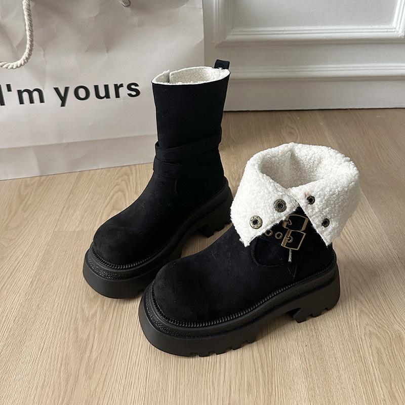 

Women s mid-calf lightweight thick sole winter warm a foot stirrup snow boots padded lining non-slip wear casual sports Martin cotton boots 35